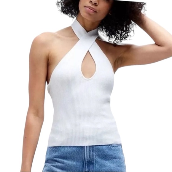 MinkPink Maitland Knit Top L Ribbed Halter Crossover White NWT - Picture 1 of 6